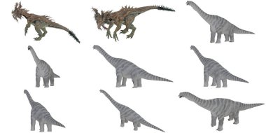 Çeşitli pozlarda ve manzaralarda görkemli dinozorlar..