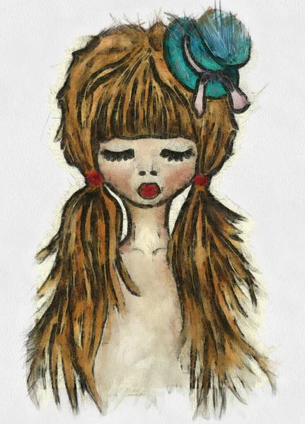 Fille Illustration Femme Dessin Crayon Dessin Aquarelle Motif Enfant — Photo