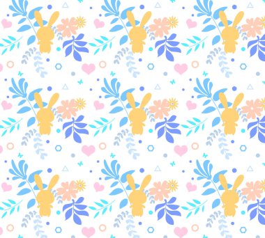 Kusursuz desenli, çiçekli sarı tavşanlar. Tekstil, duvar kağıdı veya baskı tasarımı için mükemmel.