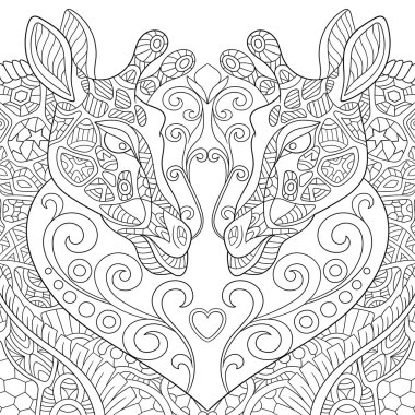 Zentangle bir kalp ile iki sevimli zürafalar stilize