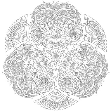 Zentangle aslan çehresini stilize. Dizi üç dengeli aslan maskesi