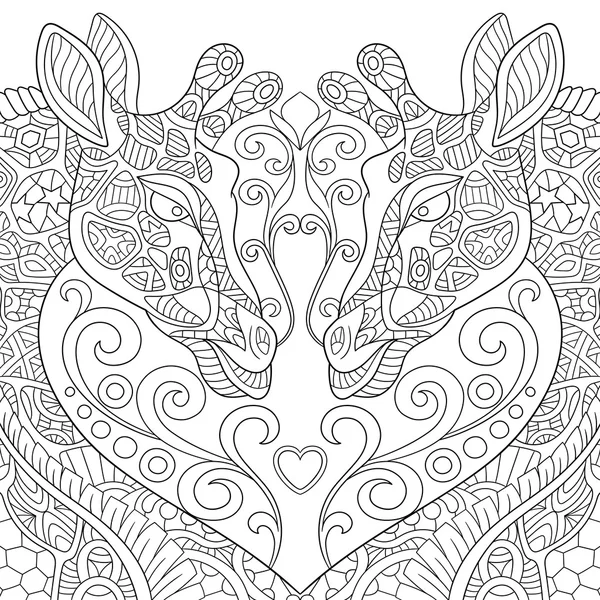 Zentangle стилизовал две милые жираффы с сердцем — стоковый вектор