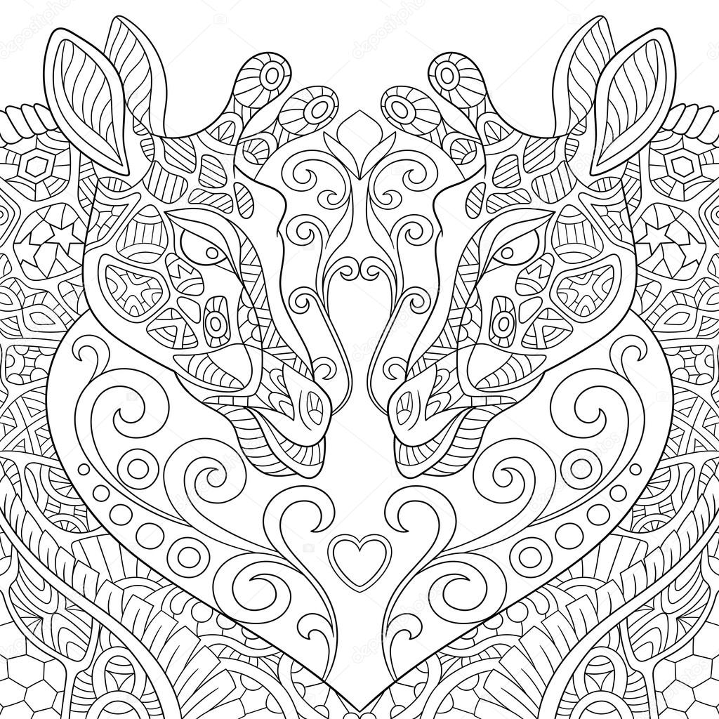 Zentangle stilizzato due giraffe incantevole del fumetto con un cuore Schizzo per adulti da colorare antistress Hand drawn doodle zentangle