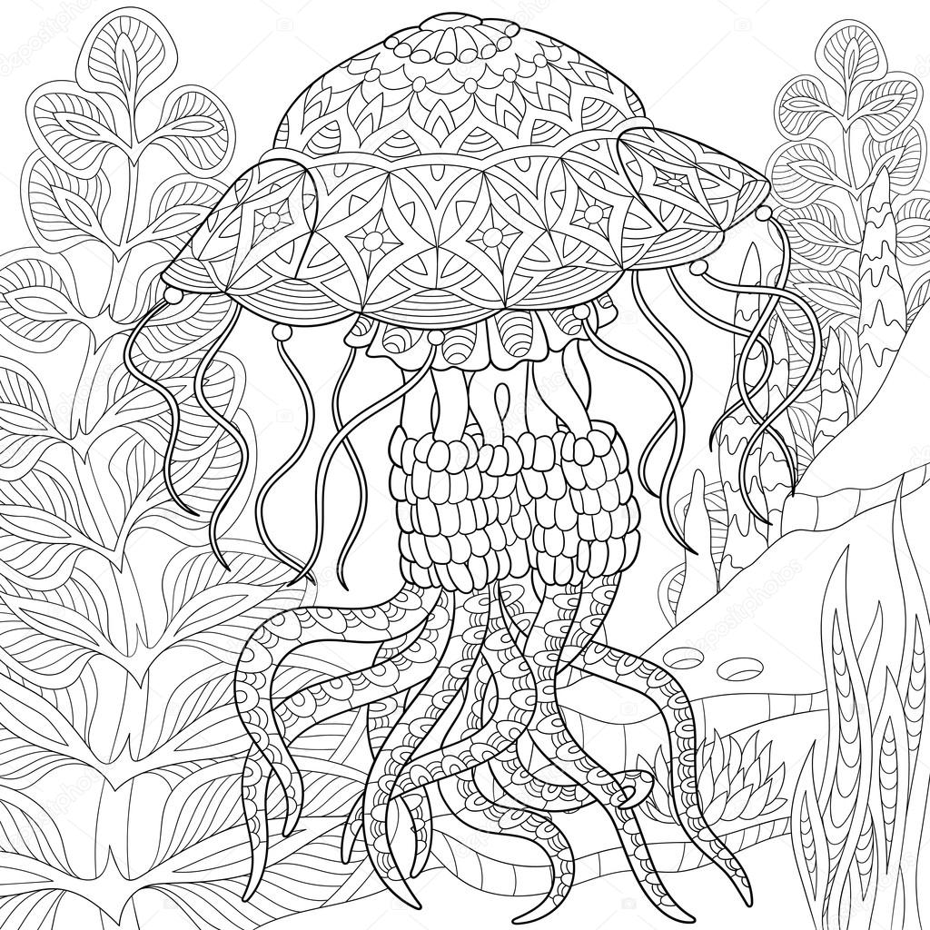 stylisés méduse — Image vectorielle Zentangle stylisée cartoon méduse nageant parmi les algues algue Croquis dessiné main pour adulte Coloriage anti stress T shirt embl¨me