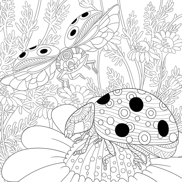 Zentangle stylized two ladybugs — Stock Vector