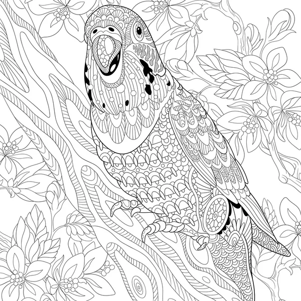 Zentangle 様式化されたバッジー オウム — ストックベクタ