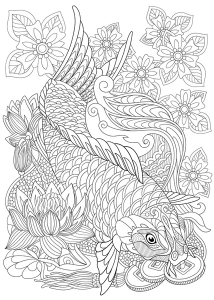 程式化的 Zentangle 锦鲤 — 图库矢量图片