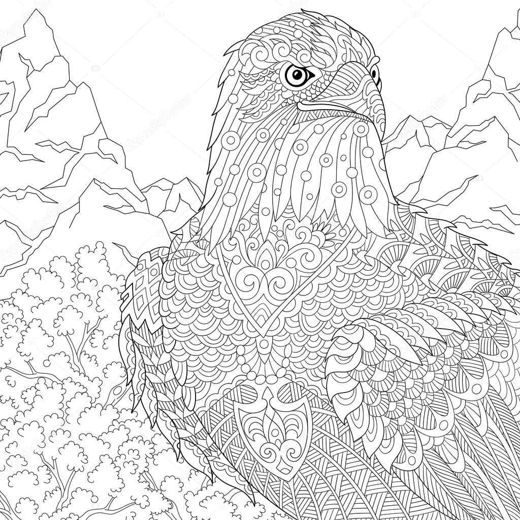Zentangle stylized cartoon eagle of prairie (hawk, falcon, osprey). Hand drawn sketch for adult antistress coloring page, T-shirt emblem, logo or tattoo with doodle, zentangle, floral design elements.