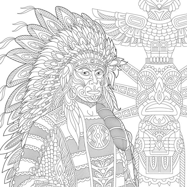 Jefe indio nativo americano estilizado de Zentangle — Vector de stock
