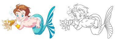 Denizkızı çocukla boyama sayfası. Çocuk aktivite boyama kitabı için çizgi çizimi. Renkli klip sanatı. Vektör illüstrasyonu.