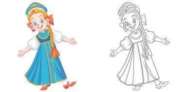 Coloring page with Russian girl dancing. Line art drawing for kids activity coloring book. Colorful clip art. Vector illustration. clipart