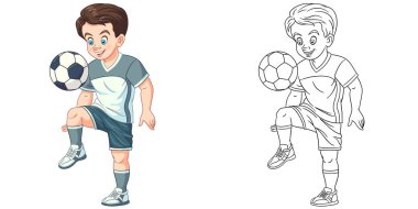 Futbol oynayan çocukla boyama sayfası. Çocuk aktivite boyama kitabı için çizgi çizimi. Renkli klip sanatı. Vektör illüstrasyonu.