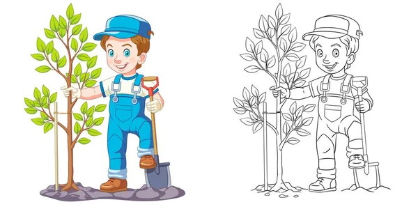 Disegno Colorare Con Ragazzo Che Cresce Albero Disegno Arte Linea — Vettoriale Stock