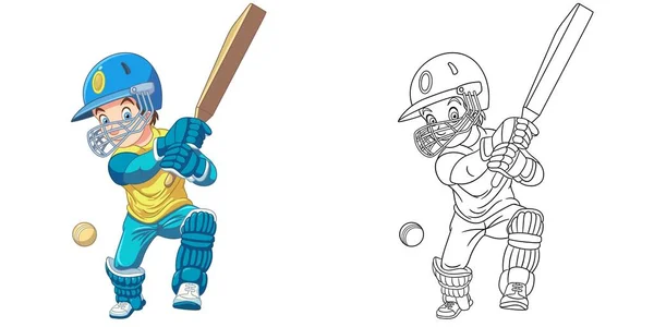 Página Para Colorear Con Niño Jugando Cricket Dibujo Línea Arte — Vector de stock