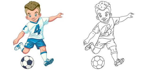 Dibujo Para Colorear Con Niño Jugando Fútbol Dibujo Línea Arte — Vector de stock