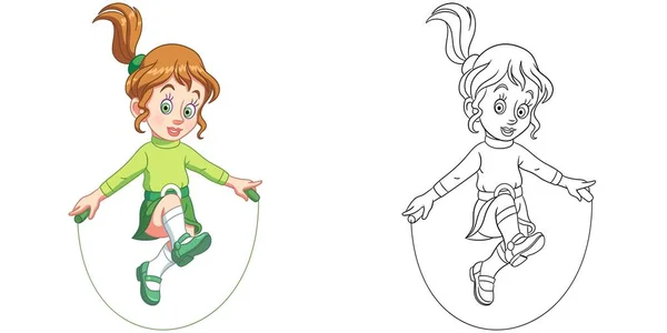 Malseite Mit Kleinen Mädchen Beim Springen Linienzeichnung Für Kinder Aktivität — Stockvektor