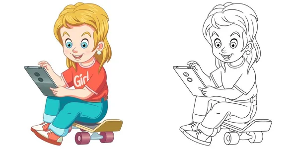 Χρωματισμός Σελίδας Νεαρή Κοπέλα Γραμμικό Σχέδιο Τέχνης Για Παιδιά Δραστηριότητα — Διανυσματικό Αρχείο