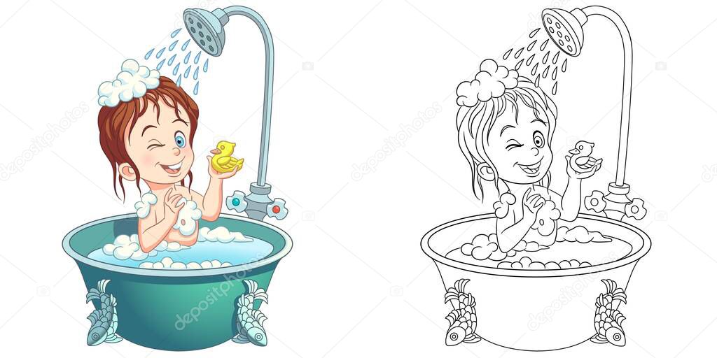 Coloring page with little girl taking bath. Line art drawing for kids activity coloring book. Colorful clip art. Vector illustration.