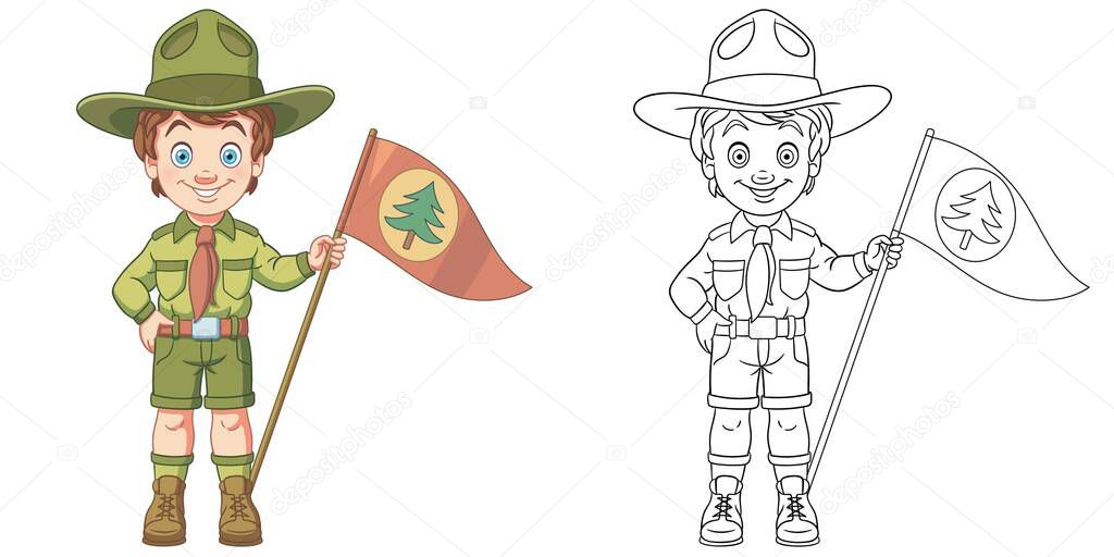 Coloring page with boy scout. Line art drawing for kids activity coloring book. Colorful clip art. Vector illustration.