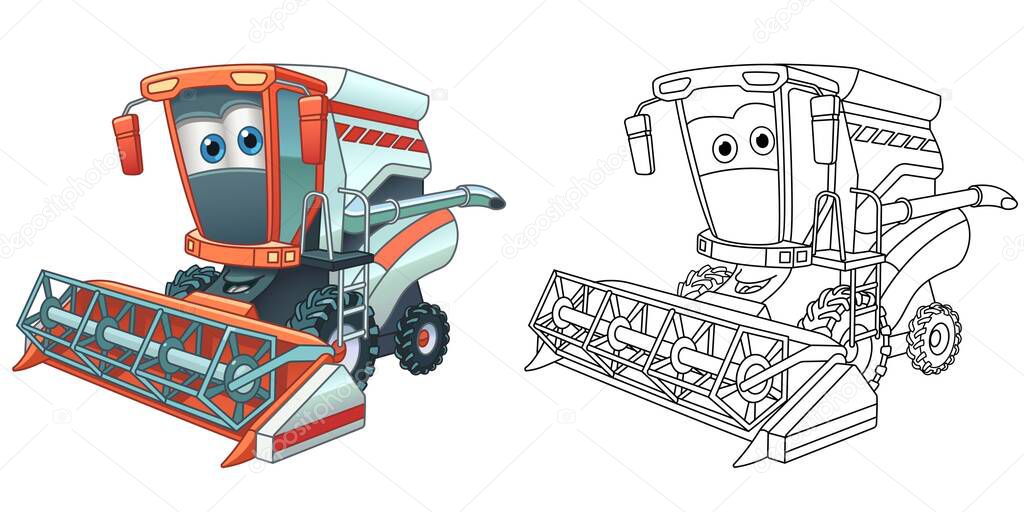 Coloring page with combine harvester. Line art drawing for kids activity coloring book. Colorful clip art. Vector illustration.