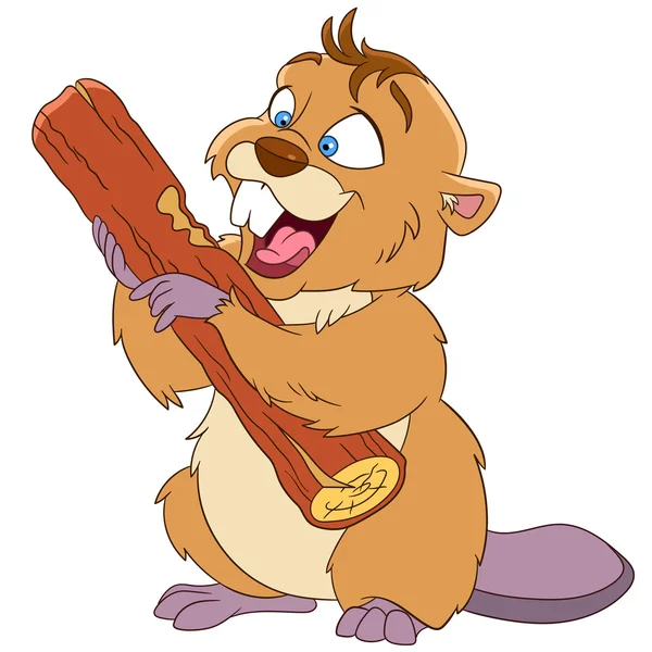 Happy cartoon beaver met een houten stuk — Stockvector