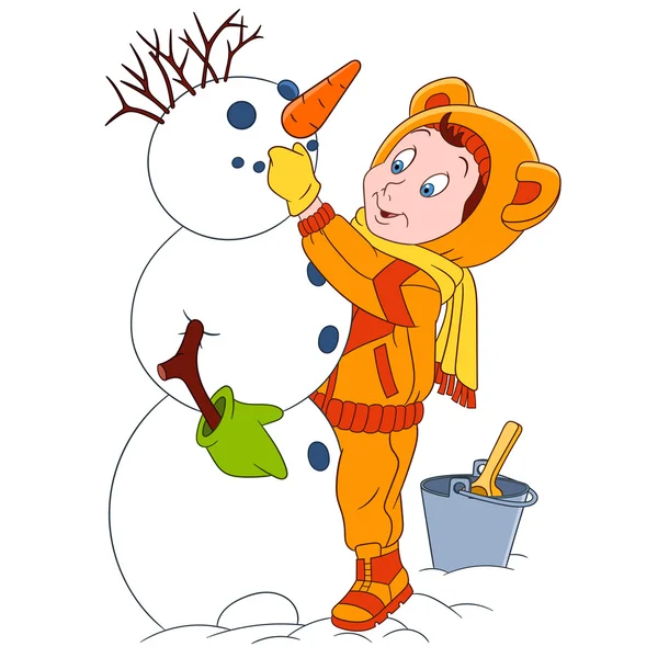 Lindo niño de dibujos animados y un muñeco de nieve — Vector de stock