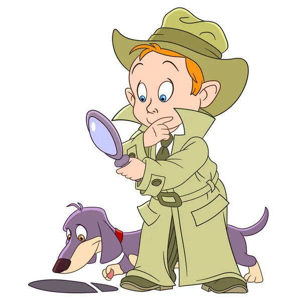 Inteligente joven caricatura detective chico — Vector de stock