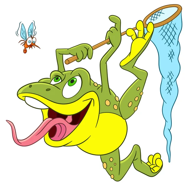 Netter Zeichentrickfrosch und Mücke — Stockvektor