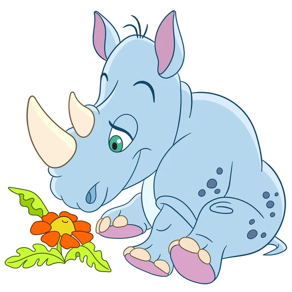 Cute cartoon neushoorn en daisy flower — Stockvector