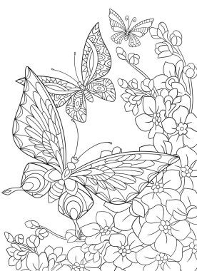 Zentangle stylized butterflies and sakura flower.