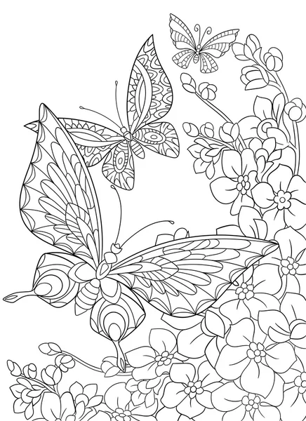 Zentangle mariposas estilizadas y flor de sakura . — Vector de stock