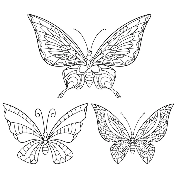 Zentangle stylized collection of three butterflies. — Stock Vector