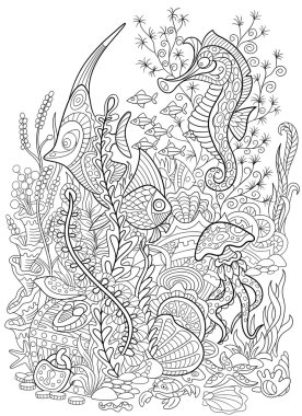 Zentangle stilize hayvan deniz koleksiyon küme. Okyanus yaşam.