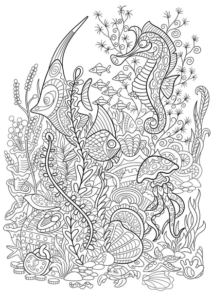 Zentangle stylized animal set sea collection. Ocean life. — Stock Vector