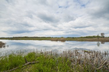 Nehir, bulutlar sakin su derinliklerinde yansıyan sessiz. Bahar.