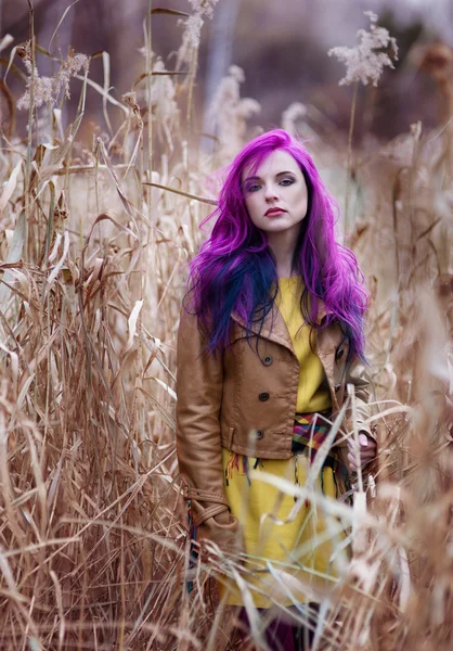 Menina com cabelo roxo em uma grama alta outono amarelo — Fotografia de Stock