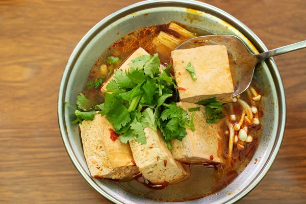 Eating Stinky Tofu Hot Pot Spicy Soup Using Spoon Traditional — Stock Photo, Image