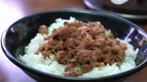 蒸し肉ご飯 台湾の台南で調理されたご飯の上に煮込み豚肉 台湾の有名な伝統的なストリートフードの珍味 旅行デザインのコンセプト クローズアップ — ストック動画