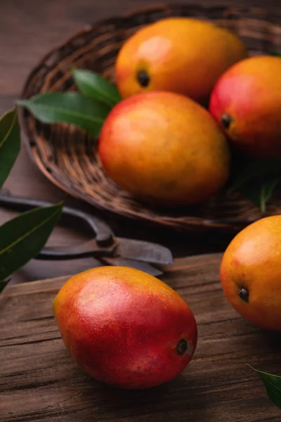 Mango. Close up of fresh ripe mango fruit on a bamboo sieve over dark wooden table background with green leaves.