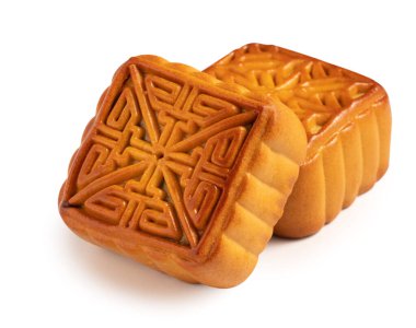 Sonbahar ortası festivali için ay çöreği pastası, beyaz masa arkasında izole edilmiş yemekler..