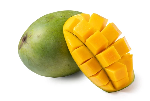 Primer Plano Hermoso Mango Maduro Verde Delicioso Aislado Sobre Fondo — Foto de Stock
