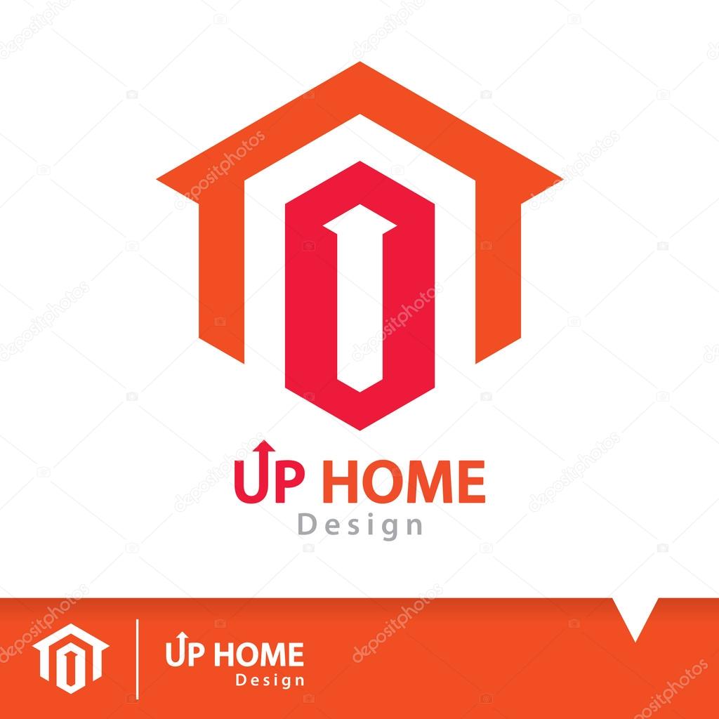 Abstract up arrow on red hexagon shape with orange home icon symbol. House logo design template. Vector illustration. Real estate concept