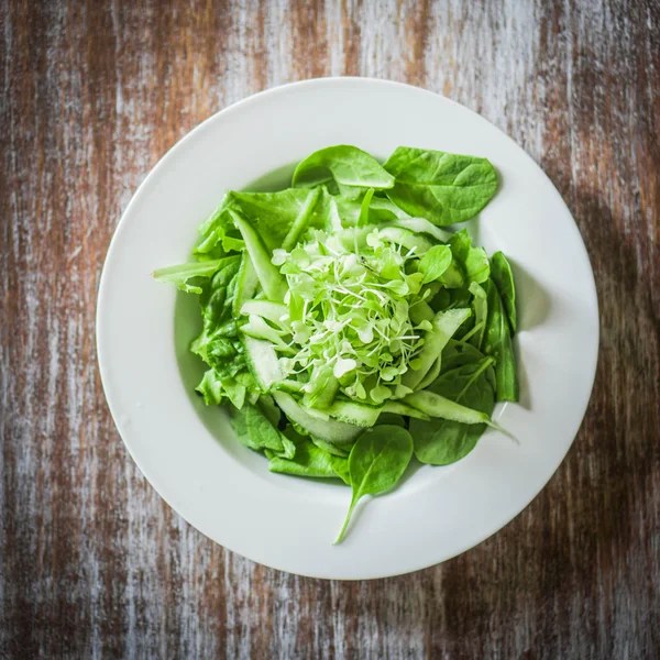 Salát s listovým špenátem, okurka a microgreens na dřevěné pozadí — Stock fotografie