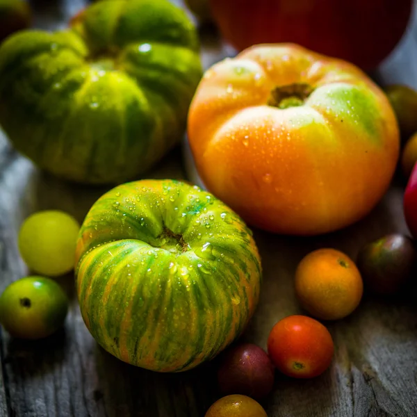 Tomates de reliquia sobre fondo rústico — Foto de Stock