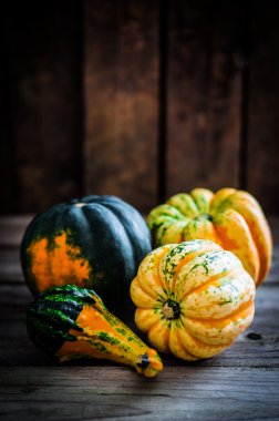 ahşap arka plan üzerinde renkli kabaklar