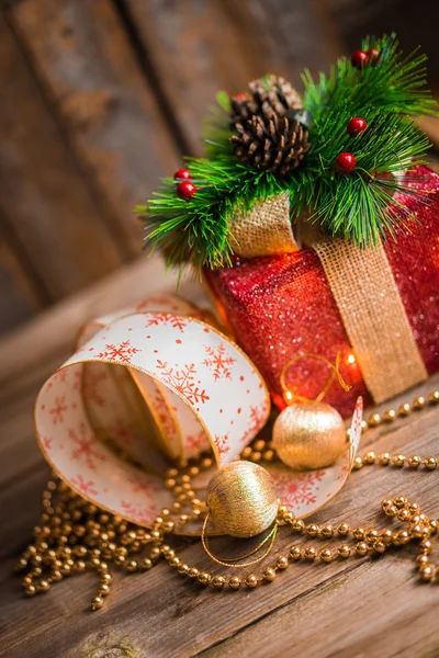 Christmas decorations on wooden background — Stock Photo, Image