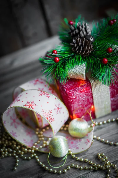 Christmas decorations on wooden background — Stock Photo, Image