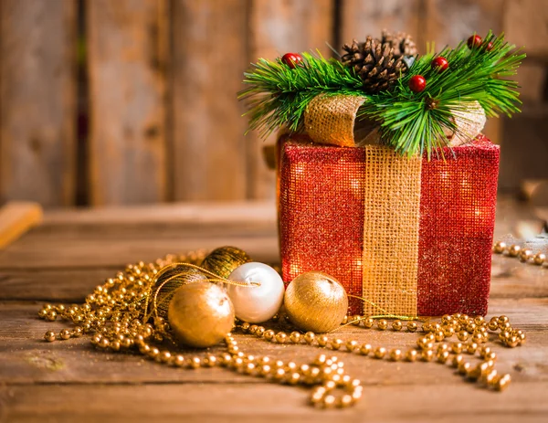 Christmas decorations on wooden background — Stock Photo, Image