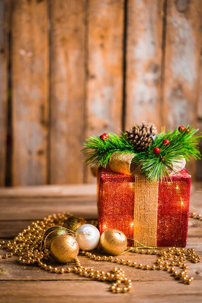 Christmas decorations on wooden background — Stock Photo, Image