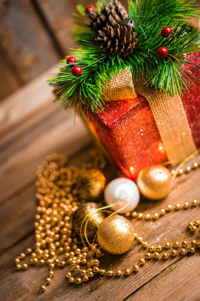 Christmas decorations on wooden background — Stock Photo, Image